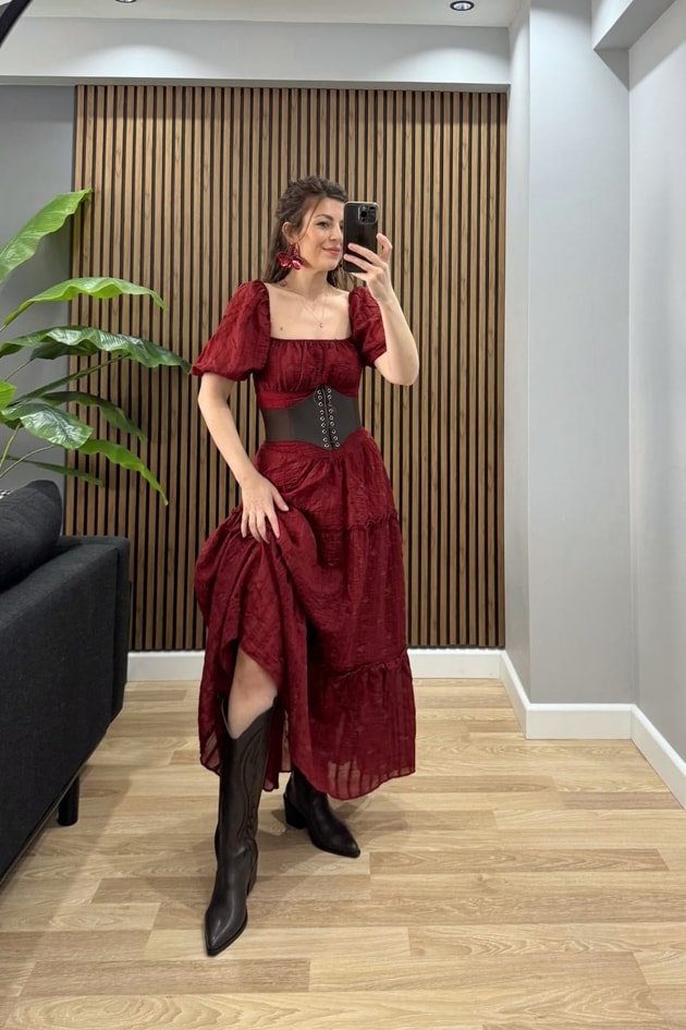 Luna Soft Bohem Elbise Bordo