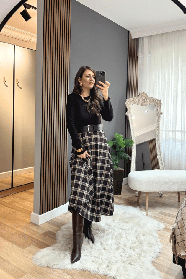 Plaid Line Kemerli Triko Detaylı Elbise Kahverengi