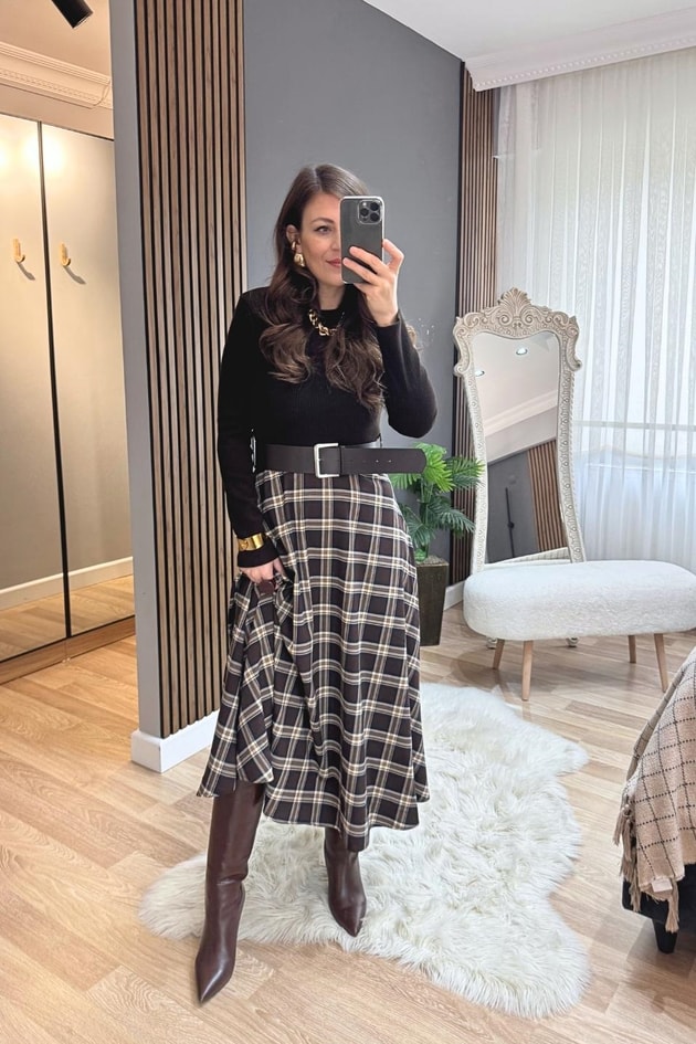 Plaid Line Kemerli Triko Detaylı Elbise Kahverengi