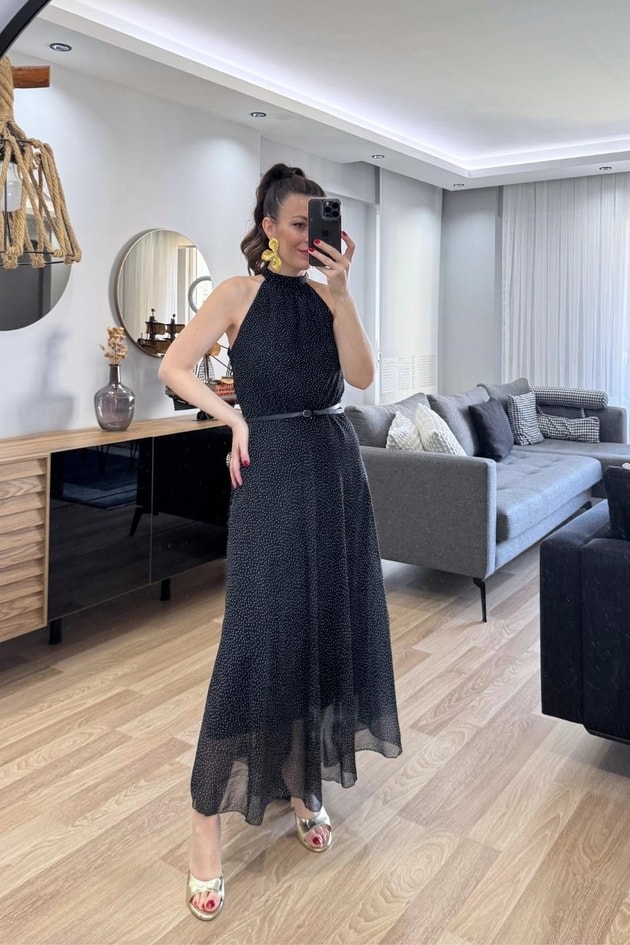 Polaire Kemerli Şifon Maxi Elbise Siyah