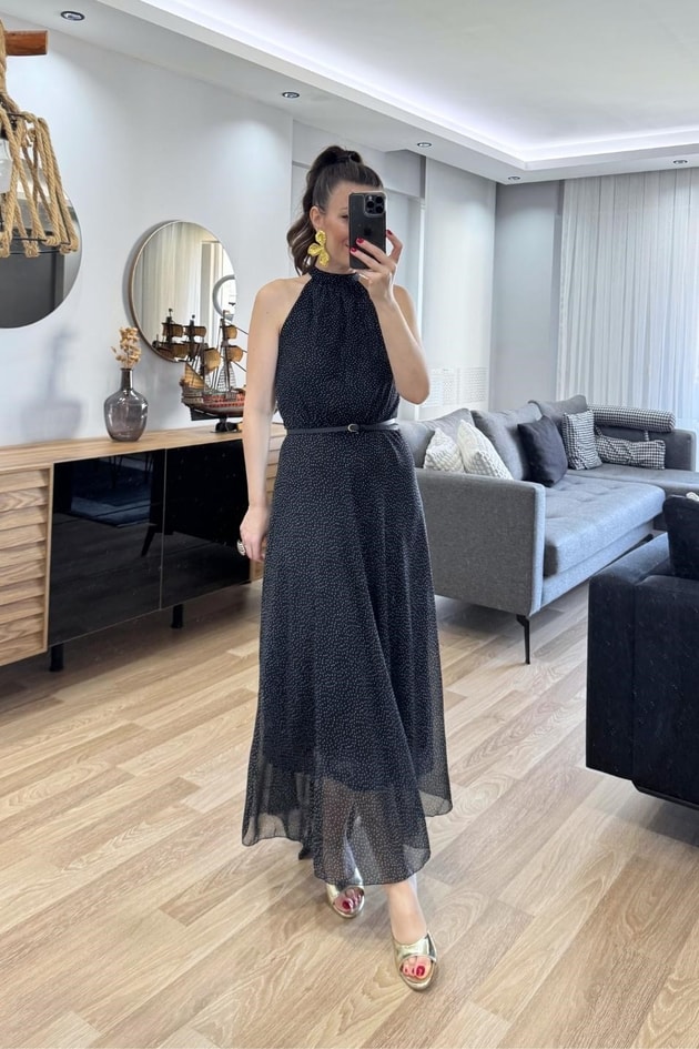 Polaire Kemerli Şifon Maxi Elbise Siyah