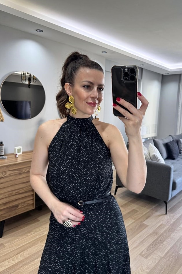 Polaire Kemerli Şifon Maxi Elbise Siyah