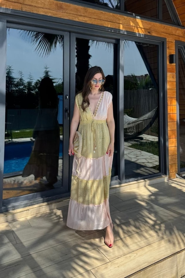 Rosalie Boncuk İşlemeli Bohem Maxi Elbise Multi Color