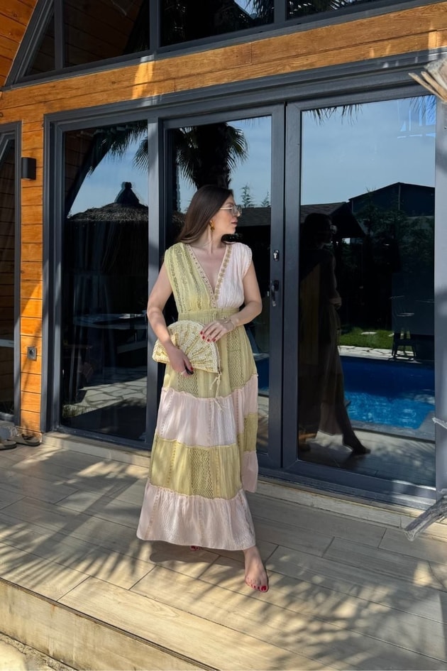 Rosalie Boncuk İşlemeli Bohem Maxi Elbise Multi Color