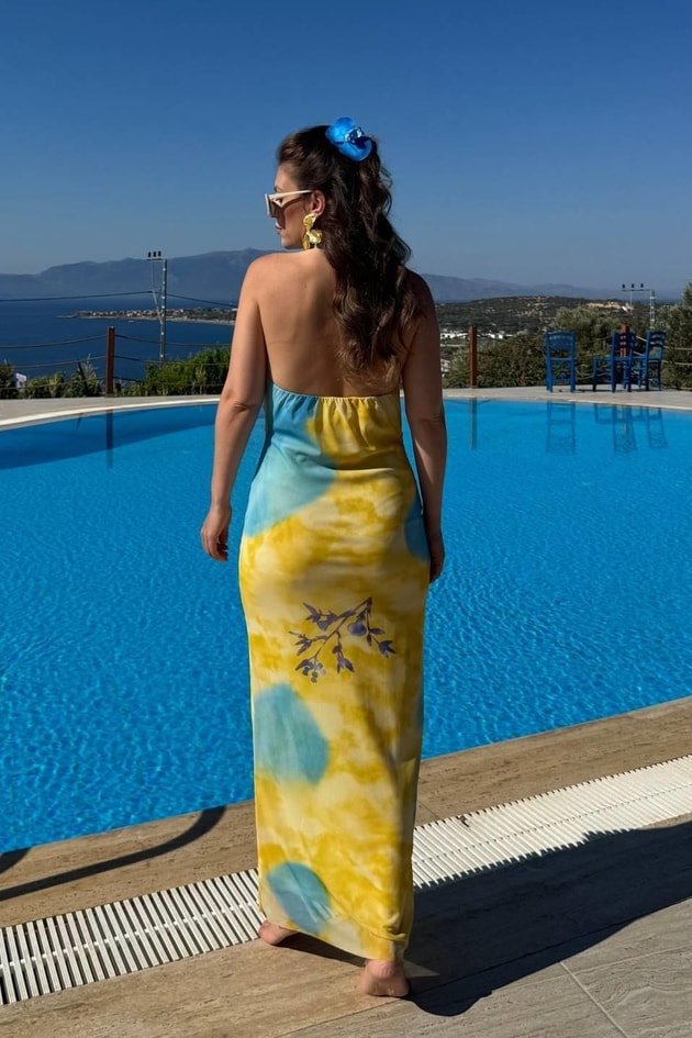 Solara Drapeli Dekolteli Elbise Sarı