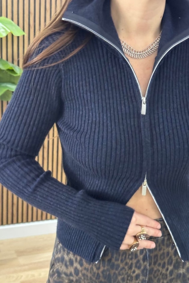 Çift Yön Fermuarlı Fitilli Triko Hırka Lacivert