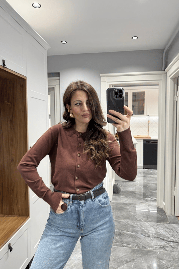 Düğmeli Premium Hırka Kahverengi
