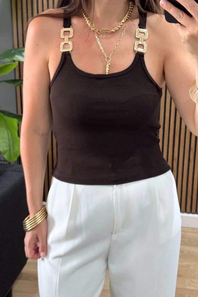 Fitilli Aksesuarlı Atlet Bluz Acı Kahve