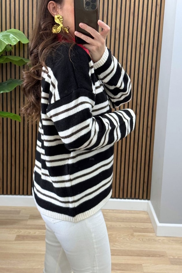 Mila Çizgili Oversize Triko Kazak Siyah-Krem