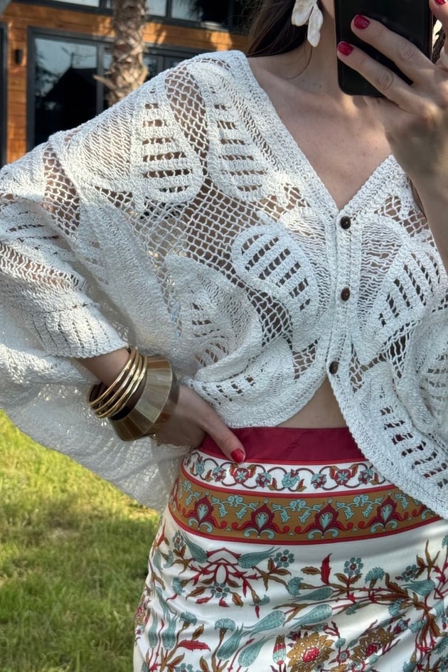 Boheme Örgü Kimono Ekru