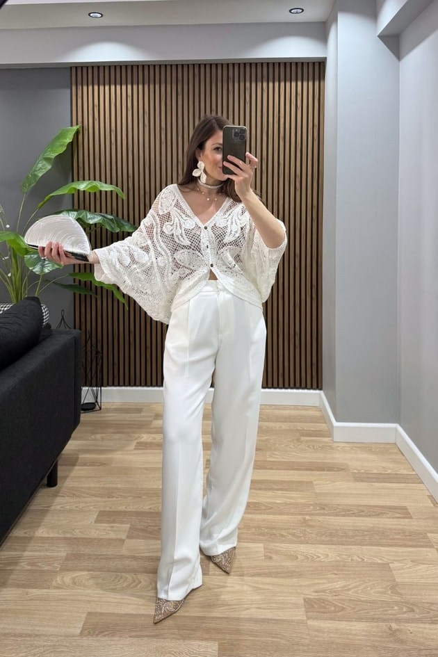 Luna Pullu File Triko Kimono Ekru