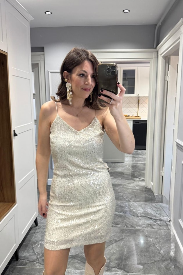 İp Askılı Pullu Elbise Bej