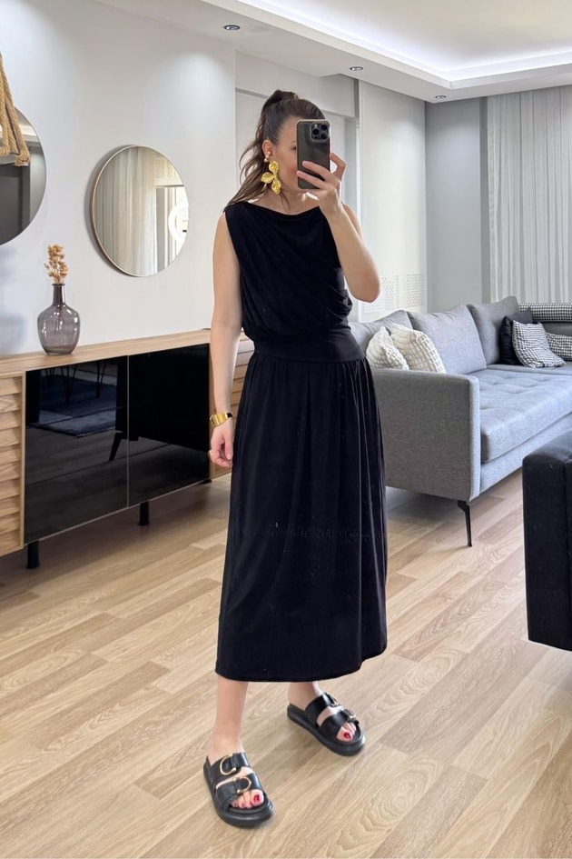 Noirelle Drapeli Midi Elbise Siyah