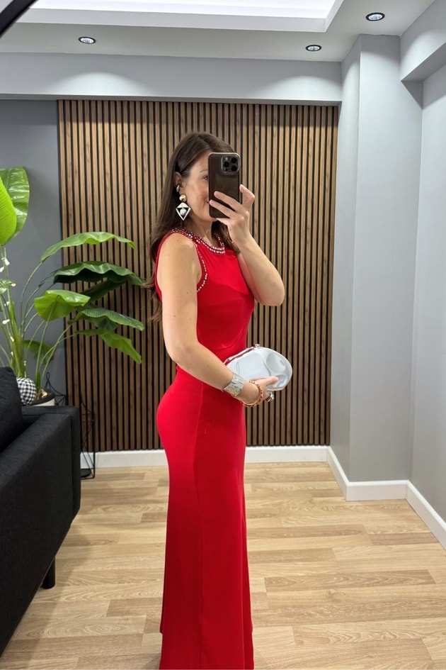 Taş Detaylı Maxi Elbise Kırmızı