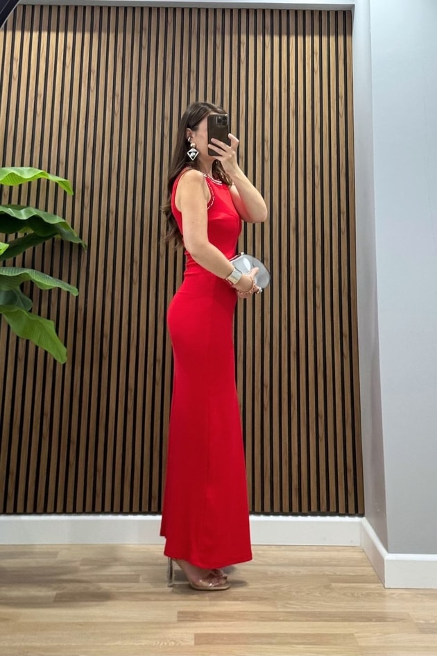 Taş Detaylı Maxi Elbise Kırmızı