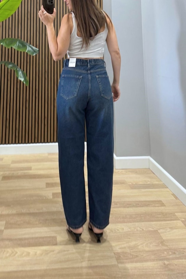 Balon Fit Jean Taşlanmış Koyu Mavi