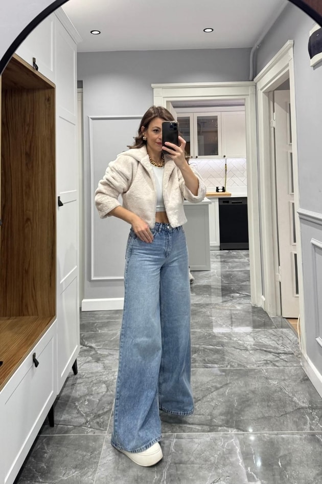 Zr Baggy Yüksek Bel Bol Paça Jean Açık Mavi