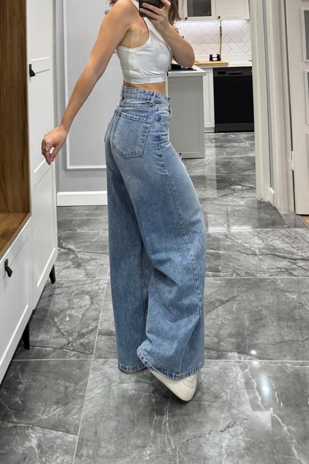 Zr Baggy Yüksek Bel Bol Paça Jean Açık Mavi