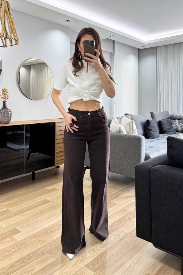 Zr Model Wide Leg Jean Acı Kahve
