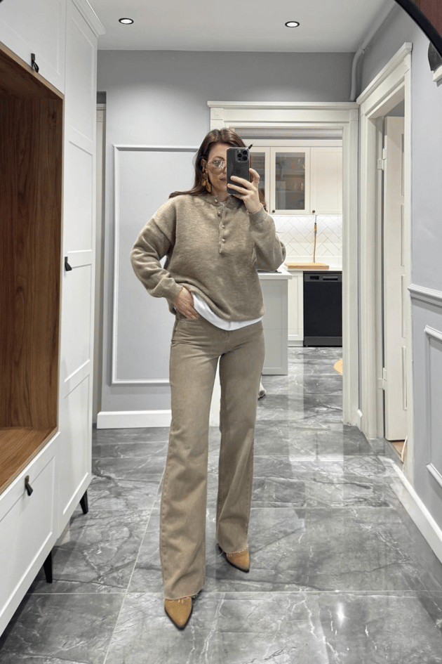 Zr Model Yıkamalı Straight Jean Bej