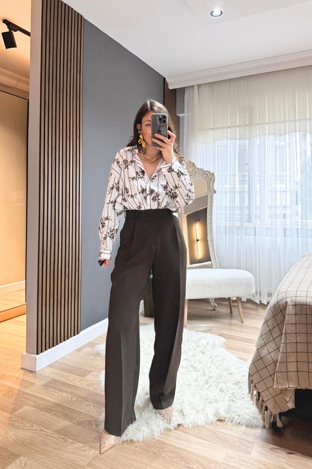 Tek Pileli Premium Palazzo Pantolon Kahverengi