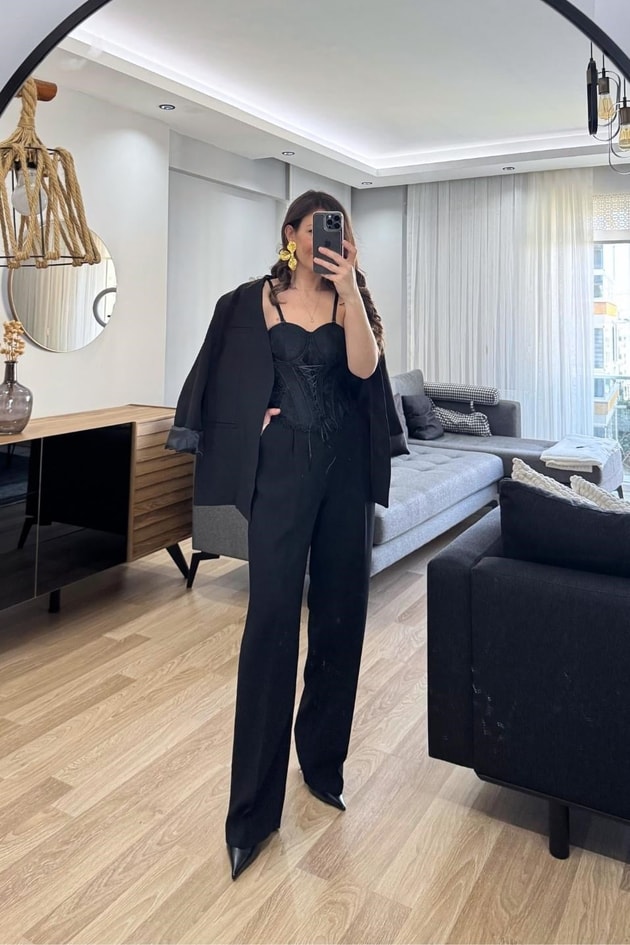 Tek Pileli Premium Palazzo Pantolon Siyah
