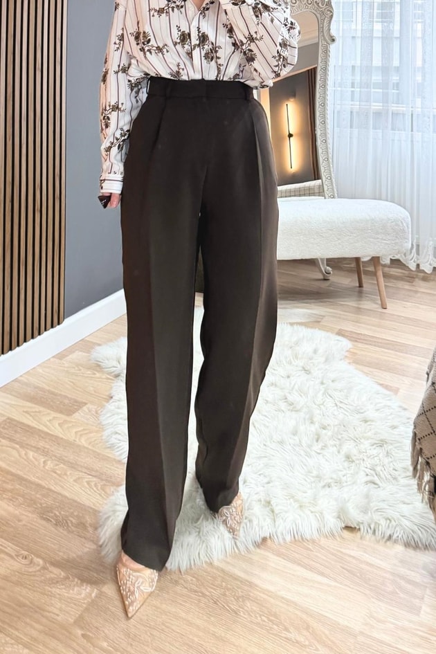 Tek Pileli Premium Palazzo Pantolon Kahverengi