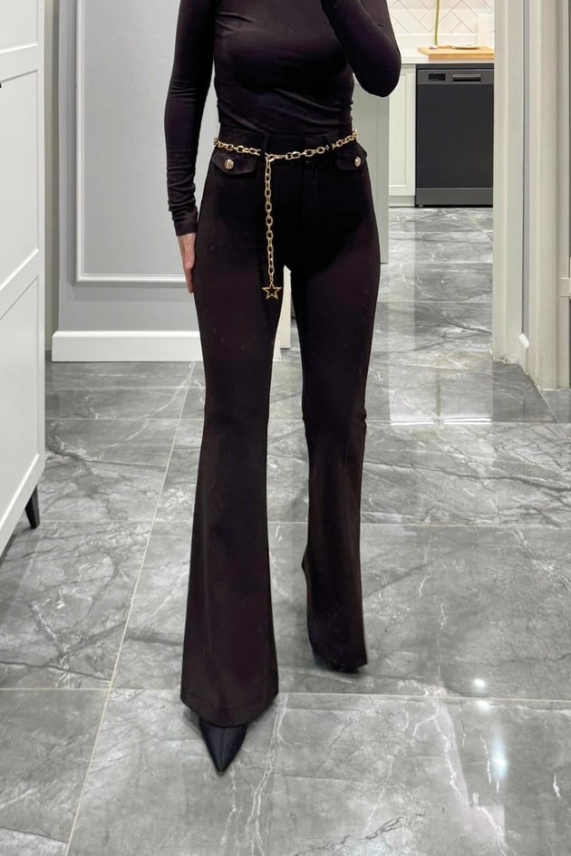 Zincir Aksesuarlı İspanyol Paça Pantolon Kahverengi