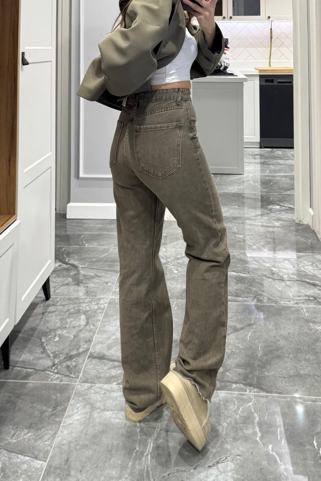 Zr Model Yıkamalı Straight Jean Haki Yeşil