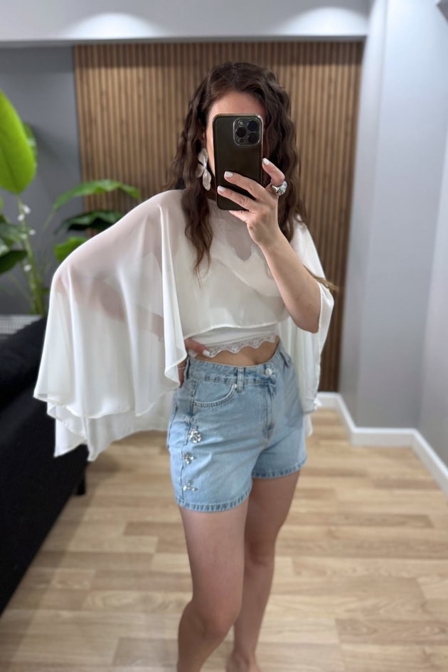 Luna Crystal Denim Şort Açık Mavi
