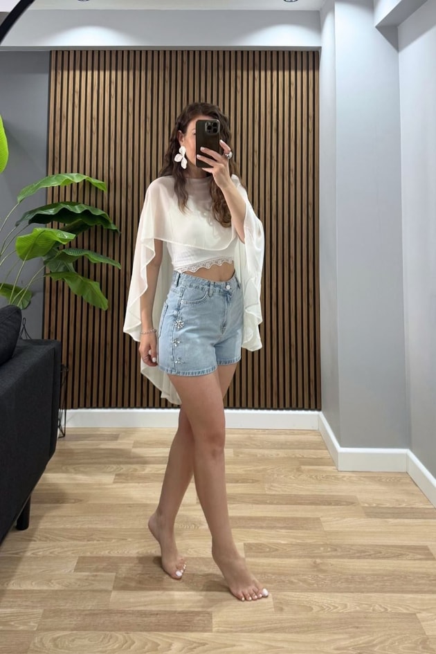 Luna Crystal Denim Şort Açık Mavi