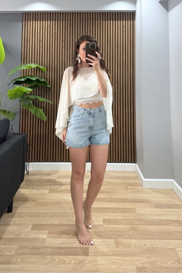 Luna Crystal Denim Şort Açık Mavi