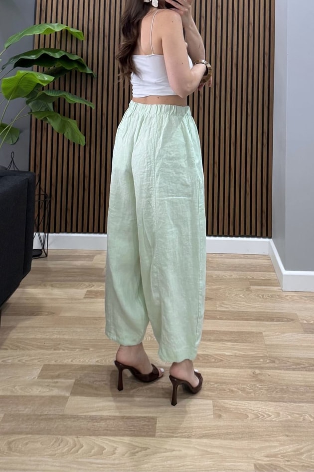 %100 Keten Yelek Pantolon İkili Takım Mint