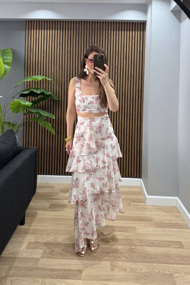 Floral Kat Kat Etek Büstiyer Takım Pembe