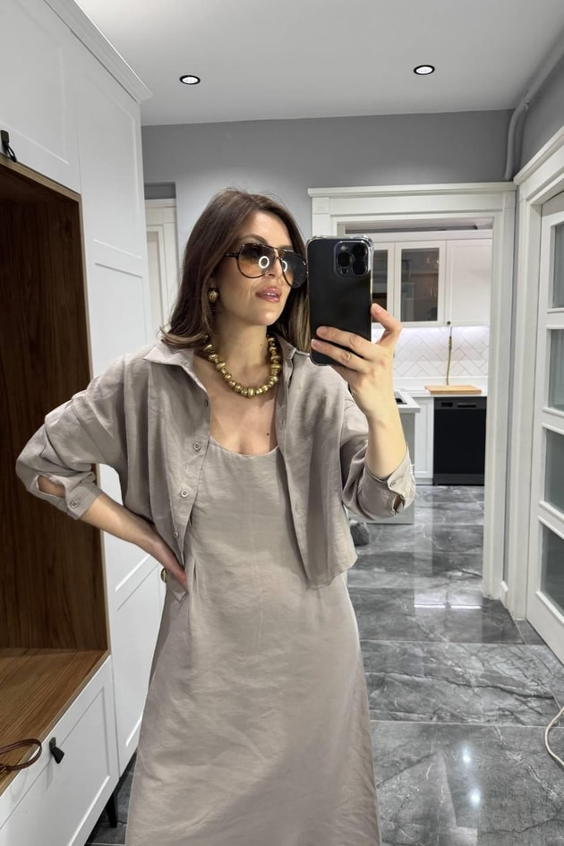 Gömlek Elbise İkili Takım Vizon
