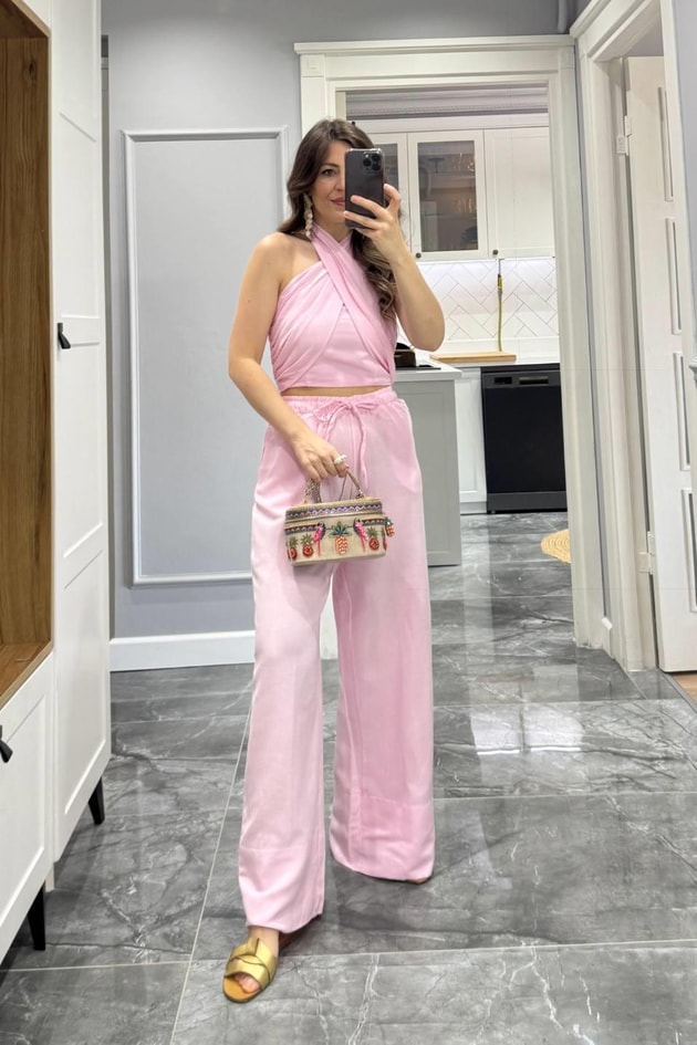 Kruvaze Boyundan Bağlamalı Keten Takım Şeker Pembe