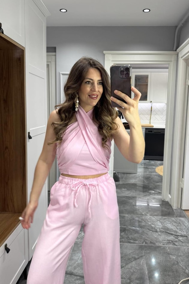 Kruvaze Boyundan Bağlamalı Keten Takım Şeker Pembe