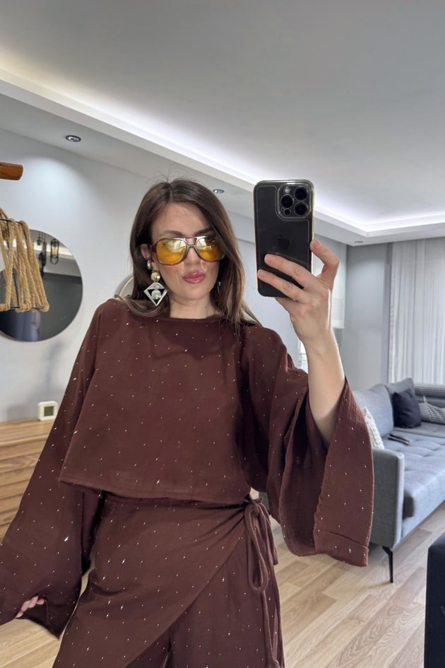 Solea Taş Detaylı Müslin Takım Kahverengi