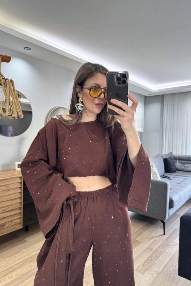 Solea Taş Detaylı Müslin Takım Kahverengi