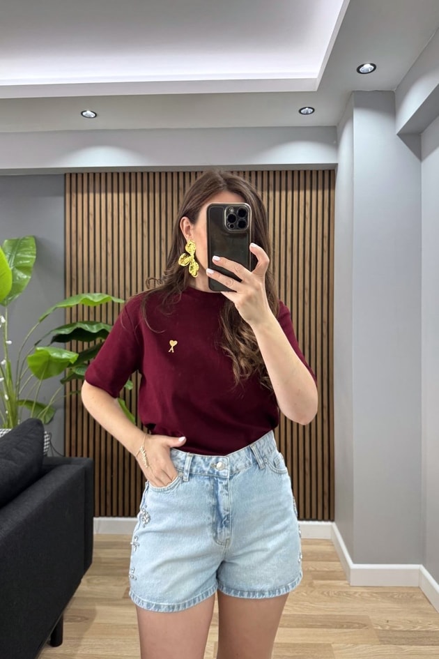 Bisiklet Yaka Premium Tişört Bordo
