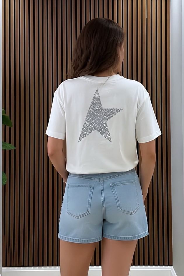 Star Simli Pamuk Tişört Ekru