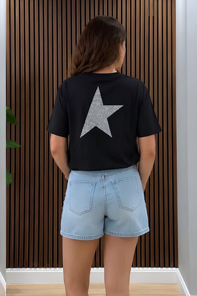 Star Simli Pamuk Tişört Siyah