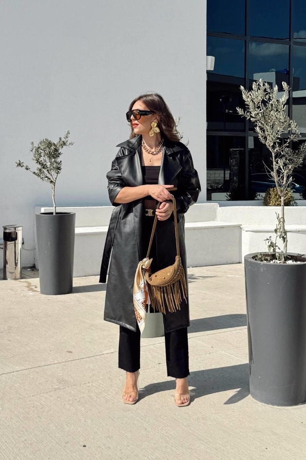 Midnight Luxe Deri Trençkot Siyah
