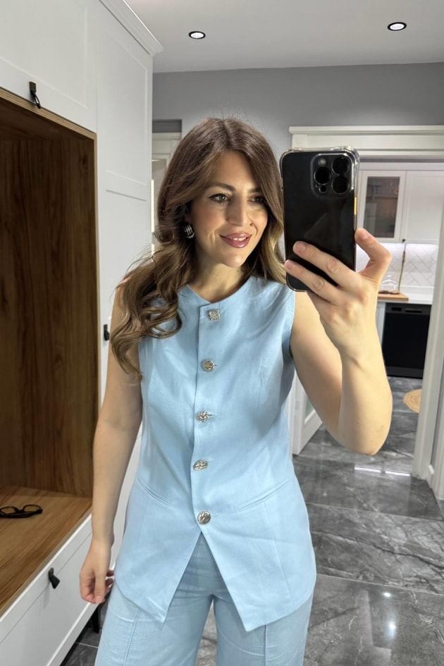 Karma Düğme Keten Yelek Bebe Mavi