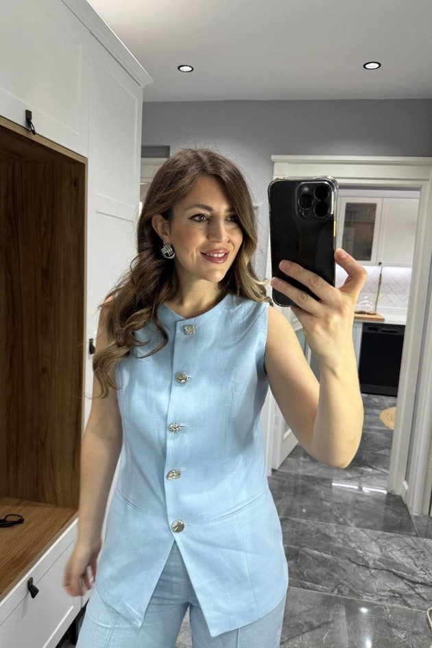 Karma Düğme Keten Yelek Bebe Mavi