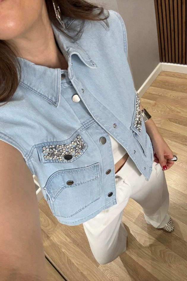 Luna Taş Detay Denim Yelek Buz Mavi