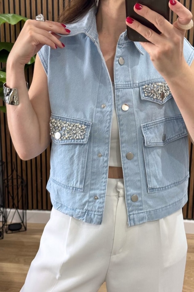 Luna Taş Detay Denim Yelek Buz Mavi