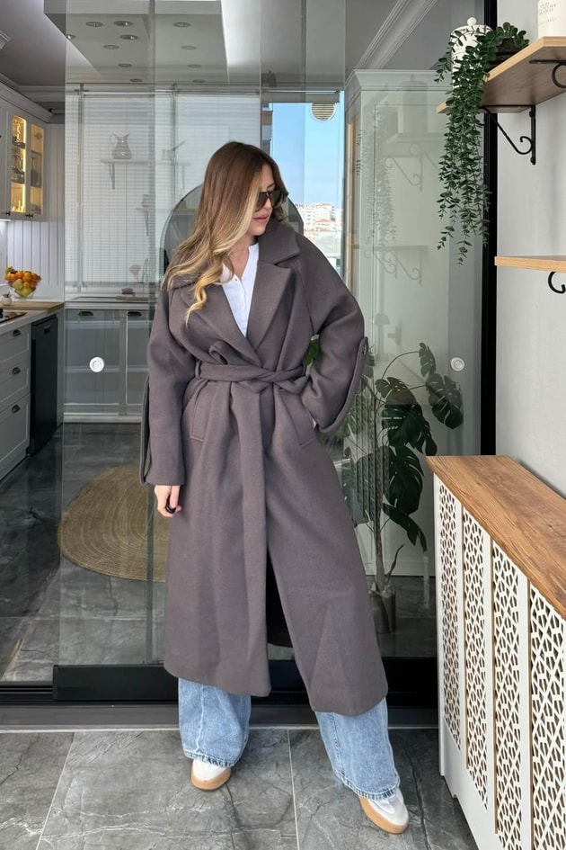 Kuşaklı Kol Kemerli Premium Kaşe Kaban Gri