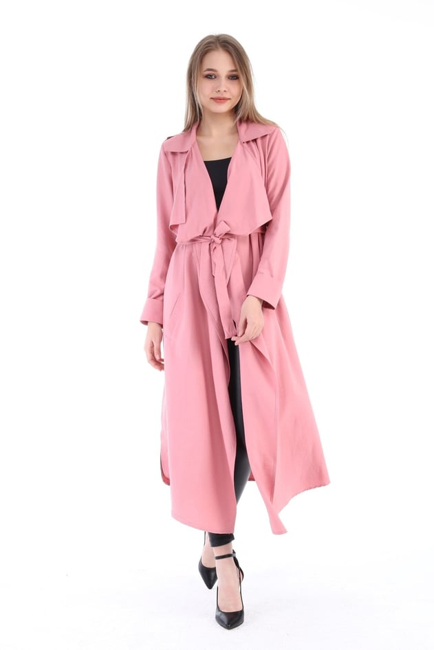 Long Claret Pink Womens Jacket with Epaulettes, Slits on the Sides and a Belt