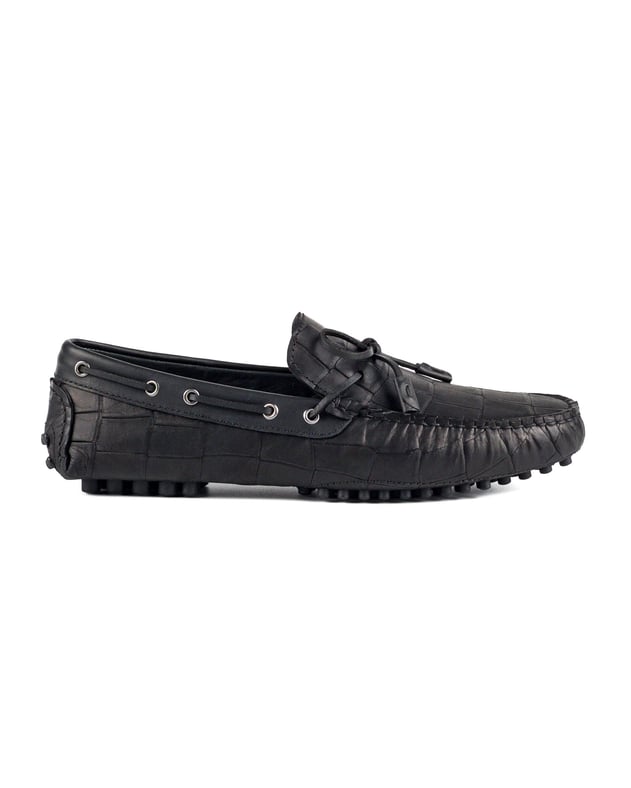 Side Siyah Kroko Hakiki Deri Deri Erkek Loafer Ayakkabı